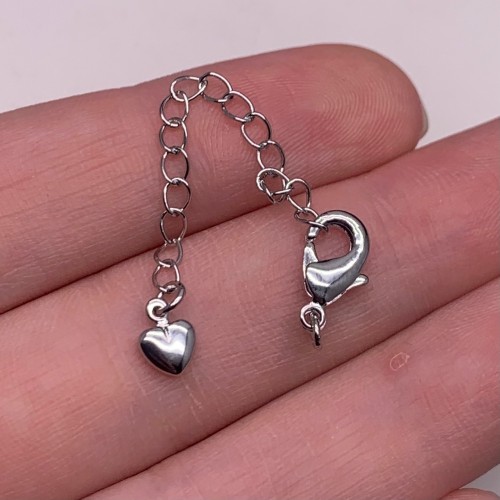 Карабин, замочек, родий/латунь, под серебро, 12 мм, с удлинителем 50 мм, подвеска-сердечко объемное, цена за 1 шт