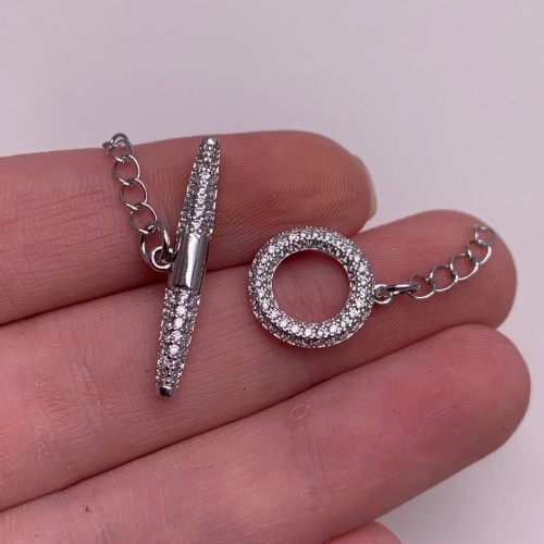 Замочек, тогл, с фианитами, родий/латунь, цвет серебро, палочка 28х4 мм, круг 14х2,5 мм