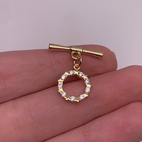 Замочек, тогл, с фианитами, латунь, цвет золото, палочка 22х3 мм, круг 13х2 мм