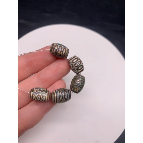 Бусина Дзи "415", 5 глаз, Агат, зелёный, тонированный, состаренный, кракле, 13х10 мм, цена за 1 шт.