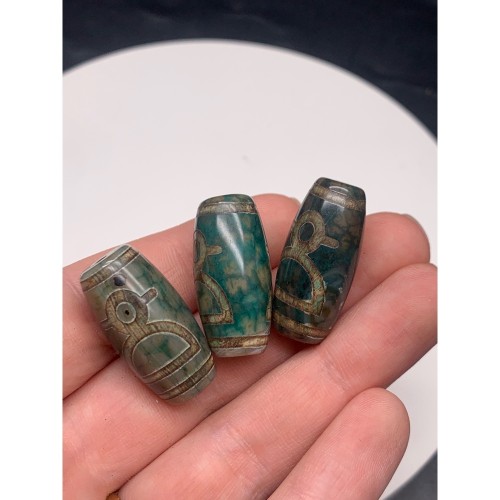 Бусина Дзи "401", Кубера, Агат, зелёный, тонированный, состаренный, кракле, 29х14 мм, цена за 1 бусину