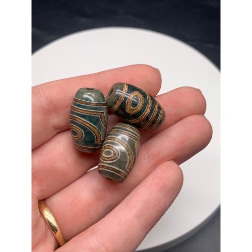 Бусина Дзи "428", 2 глаза дракона, Агат, зелёный, тонированный, состаренный, кракле, 21х14 мм, цена за 1 бусину