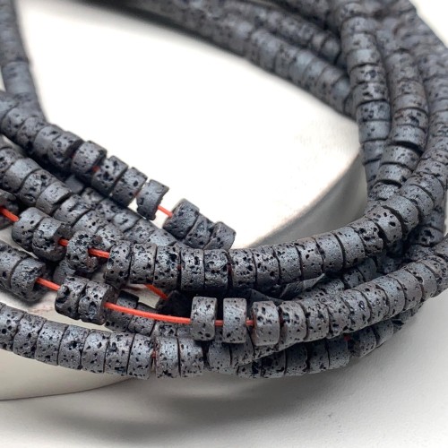 Каменные бусины, Вулканическая лава, серая, шайба 4х2 мм, длина нити 38 см