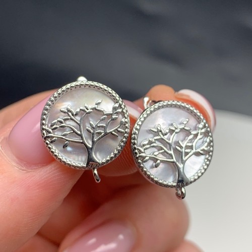 Швензы, Дерево жизни, вставка перламутр, родий/латунь, цвет серебро, размер 15х11 мм