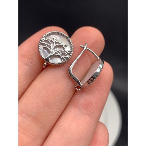 Швензы, Дерево жизни, вставка перламутр, родий/латунь, цвет серебро, размер 15х11 мм