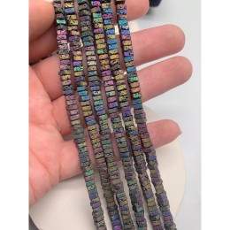 Каменные бусины, Вулканическая лава, тонированная, радуга, квадрат 4х2 мм, длина нити 38 см