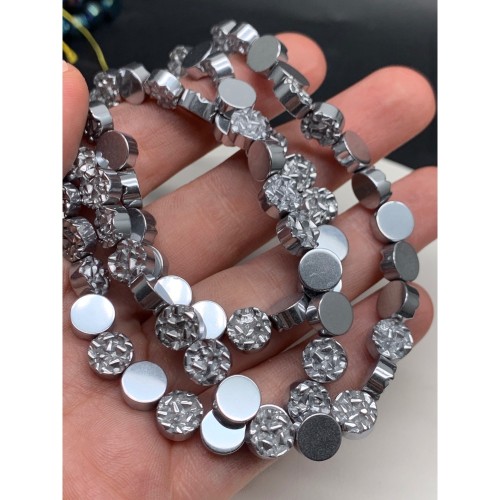 Каменные бусины, Гематит синтетический, круг, цвет серебро, размер 8х4 мм, нить 38 см