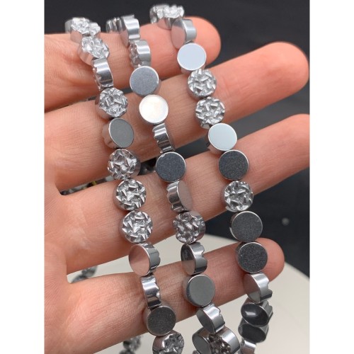 Каменные бусины, Гематит синтетический, круг, цвет серебро, размер 8х4 мм, нить 38 см