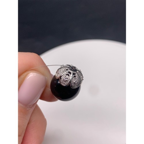 Шапочка для бусин, вставка фианиты, родий/латунь, цвет серебро, размер 12 мм, цена за 1 шт.