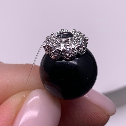 Шапочка для бусин, вставка фианиты, родий/латунь, цвет серебро, размер 10 мм, цена за 1 шт.