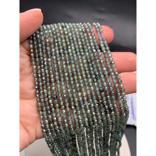 Каменные бусины, Цирконий кубический, (т.н. Циркон), серо-зеленый кристалл, шарик огранка, 3 мм, длина нити 38 см