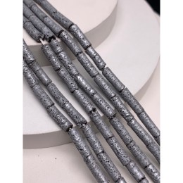 Каменные бусины, Вулканическая лава, цвет серебро, трубочки (столбики), размер 13х4 мм, длина нити 38 см
