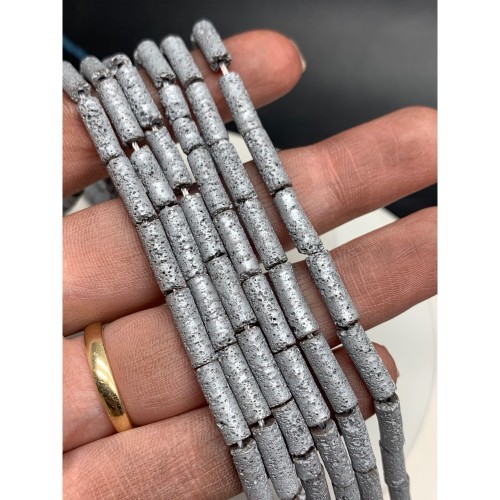 Каменные бусины, Вулканическая лава, цвет серебро, трубочки (столбики), размер 13х4 мм, длина нити 38 см