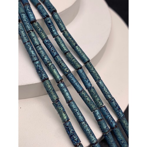Каменные бусины, Вулканическая лава, цвет голубо-зеленый, трубочки (столбики), размер 13х4 мм, длина нити 38 см
