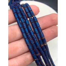 Каменные бусины, Вулканическая лава, тонированная, цвет синий, трубочки (столбики), размер 6,5х4 мм, длина нити 38 см