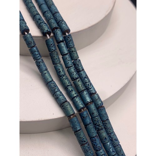 Каменные бусины, Вулканическая лава, тонированная, цвет голубо-зеленый, трубочки (столбики), размер 6,5х4 мм, длина нити 38 см