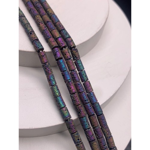 Каменные бусины, Вулканическая лава, тонированная, цвет радуга, трубочки (столбики), размер 6,5х4 мм, длина нити 38