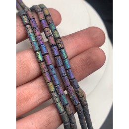 Каменные бусины, Вулканическая лава, тонированная, цвет радуга, трубочки (столбики), размер 6,5х4 мм, длина нити 38