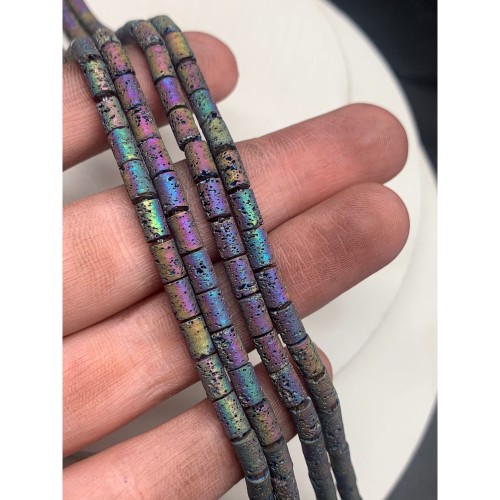 Каменные бусины, Вулканическая лава, тонированная, цвет радуга, трубочки (столбики), размер 6,5х4 мм, длина нити 38