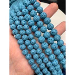 Каменные бусины, вулканическая лава, пористая, голубая, шарик гладкий, 10 мм, длина нити 38 см