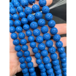 Каменные бусины, вулканическая лава, люкс, пористая, синяя, тонированная, шарик гладкий, 8 мм, длина нити 38 см
