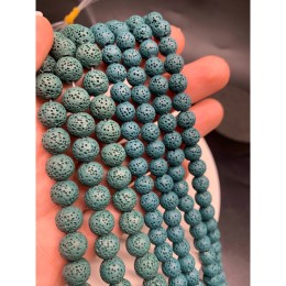 Каменные бусины, вулканическая лава, люкс, пористая, тонированная, цвет морской волны, шарик гладкий, 10 мм, длина нити 38 см