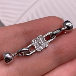 Застёжка, замочек, с фианитами, клевер, цвет серебро/родий, 45х8 мм