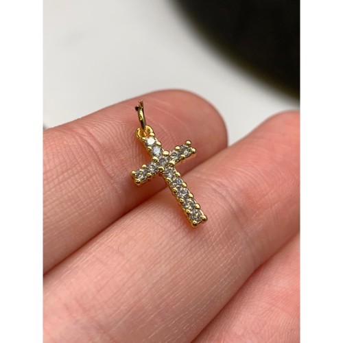 Подвеска, со стразами(цирконами), крест, латунь, цвет золото, размер 15х9 мм