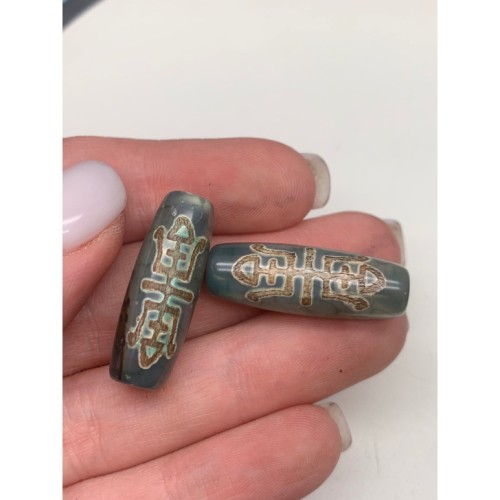 Бусина Дзи "449", Насекомое Счастья, Агат, зелёный, тонированный, состаренный, кракле, 30х10 мм, цена за 1 шт.