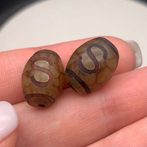 Бусина Дзи "442", Денежный крючок, Агат, тонированный, состаренный, кракле, 16х12 мм, цена за 1 бусину