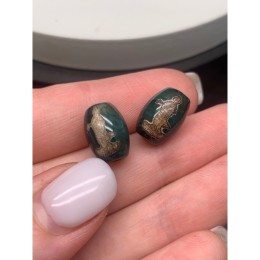 Бусина Дзи "435", Гуань-Инь, агат, зелёный, тонированный, состаренный, кракле, 14х10 мм, цена за 1 шт.