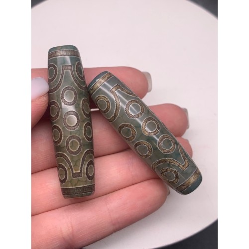 Бусина Дзи "474", 21 глаз, Агат, зелёный, тонированный, состаренный, кракле, 56х15 мм, цена за 1 бусину