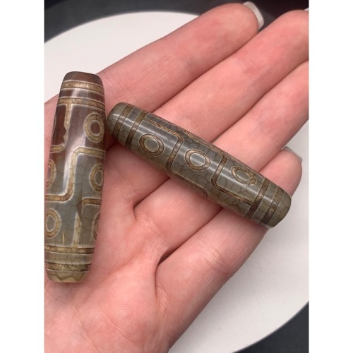 Бусина Дзи "473", 9 глаз, Агат, зелёный, тонированный, состаренный, кракле, 58х14 мм, цена за 1 бусину