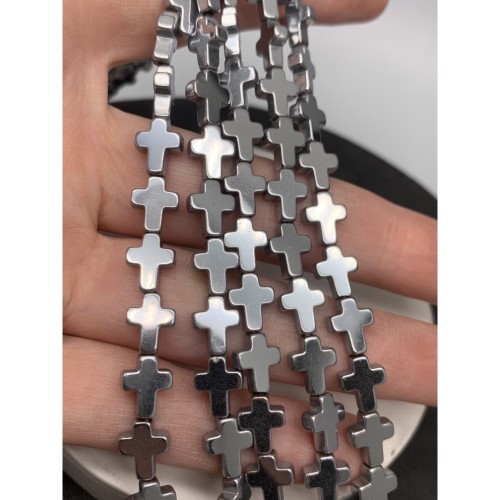 Каменные бусины, Гематит синтетический, серебро, крест, размер 8х10 мм, нить 38 см