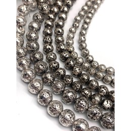 Каменные бусины, Вулканическая лава металлизированная, цвет серебро, 4 мм, длина нити 38 см