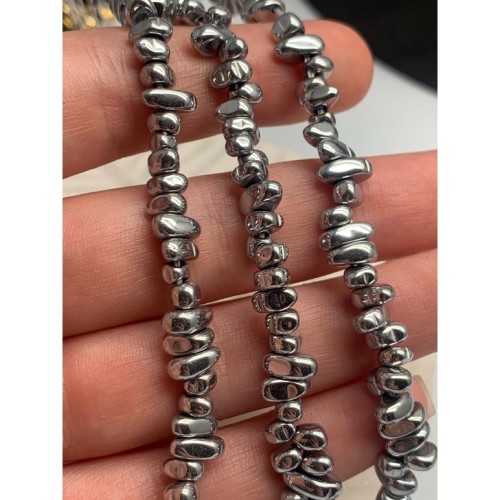 Каменные бусины, Гематит синтетический, фриформы, цвет серебро, размер 4х6 мм, длина нити 40 см