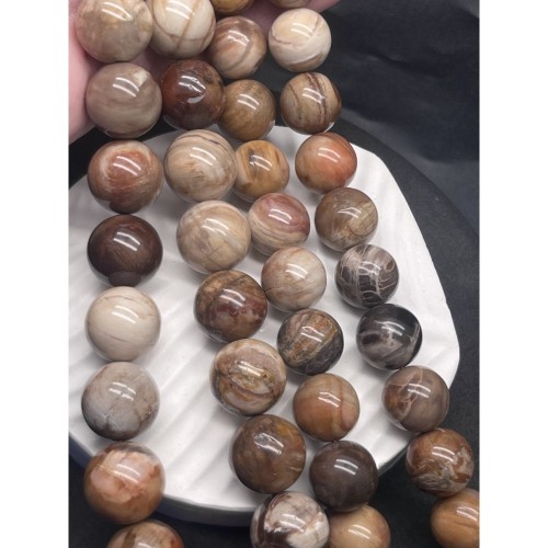 Каменные бусины, Яшма, пейзажная, фантазийная, "Окаменелое дерево", шарик гладкий, 16 мм, длина нити 38 см