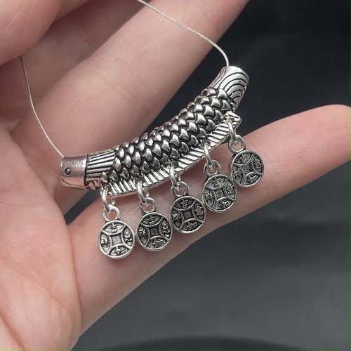 Разделитель, "Рыба", с монетками, тайское серебро, размер 39х9 мм, цена за 1 шт.