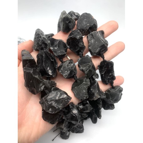 Каменные бусины, Обсидиан, не обработанный, фриформы, 20-28 мм, длина нити 16 см, 7-8 шт