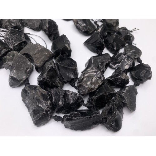 Каменные бусины, Обсидиан, не обработанный, фриформы, 20-28 мм, длина нити 16 см, 7-8 шт