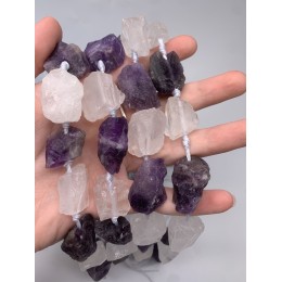 Каменные бусины, Микс, Горный хрусталь и Аметист, не обработанный, фриформы, 20-28 мм, длина нити 19 см, 7 шт