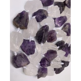 Каменные бусины, Микс, Горный хрусталь и Аметист, не обработанный, фриформы, 20-28 мм, длина нити 19 см, 7 шт