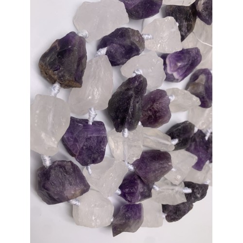 Каменные бусины, Микс, Горный хрусталь и Аметист, не обработанный, фриформы, 20-28 мм, длина нити 19 см, 7 шт