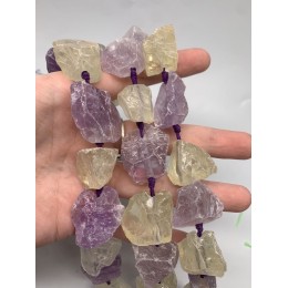 Каменные бусины, Лавандовый аметист, Лимонный кварц, не обработанный, фриформы, 20-28 мм, длина нити 19 см, 7 шт