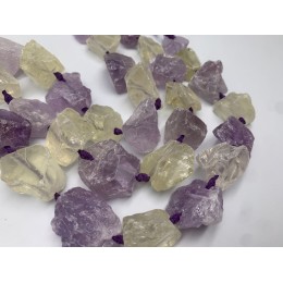 Каменные бусины, Лавандовый аметист, Лимонный кварц, не обработанный, фриформы, 20-28 мм, длина нити 19 см, 7 шт