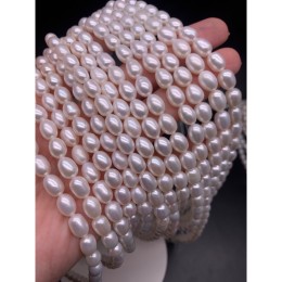 Каменные бусины, Жемчуг, белый, рис, 7-8 мм, длина нити 38 см