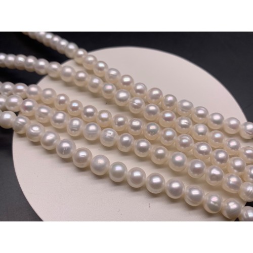 Каменные бусины, Жемчуг, белый, люкс, шарик гладкий, 7-7,5 мм, длина нити 38-39 см