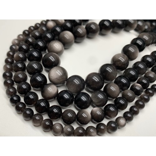 Каменные бусины, Обсидиан серебристый, люкс, шарик гладкий, 8 мм, длина нити 38 см