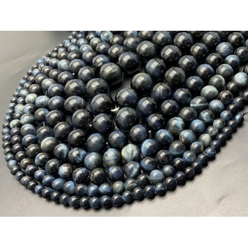Каменные бусины, Соколиный глаз, синий, люкс, шарик гладкий, 14 мм, длина нити 38 см