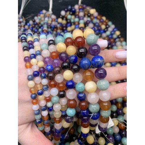 Каменные бусины, Микс камней, 7 чакр, шарик гладкий, 6 мм, длина нити 38 см